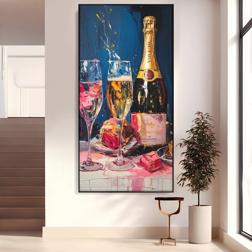 Tablou canvas cu tablou canvas cu sticla de sampanie si pahare, in rama de aluminiu negru